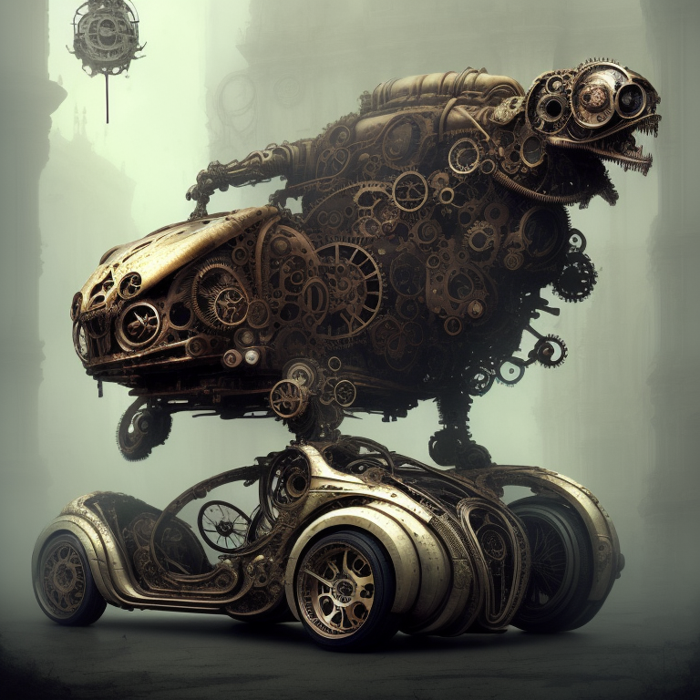 biomechanical steampunk vehicle reminiscent of fast sportscar with robotic parts and (glowing) lights parked in ancient lu...